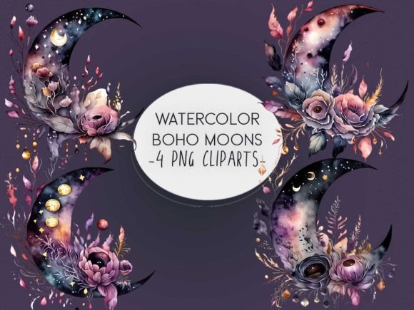 Download Watercolor Boho Moon Clipart Sublimation - Boho moon clipart Collection
