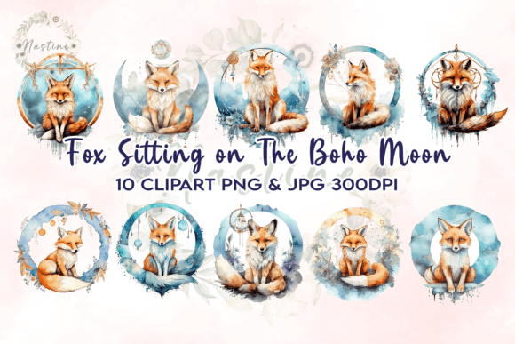 Download Fox Sitting on the Boho Moon Clipart - Boho moon clipart Collection