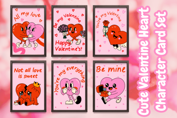 Download Cute Valentine Heart Character Card Set - Character Collection