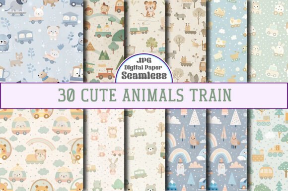 Download Cute Animals Train Digital Paper Pack - Cute animals Collection